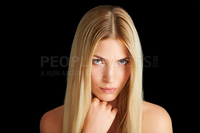 Buy stock photo Hair care, portrait and beauty of serious woman, skincare and isolated on a black studio background. Hairstyle, makeup and face of blonde model in cosmetics, hairdresser or salon for facial treatment