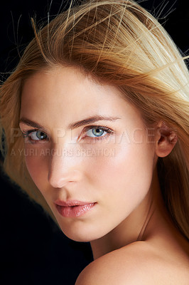 Buy stock photo Face, woman and hair with confidence in studio on black background for glow, healthy and fresh hairline. Beauty routine, treatment and haircare with natural look for satisfaction and growth. 
