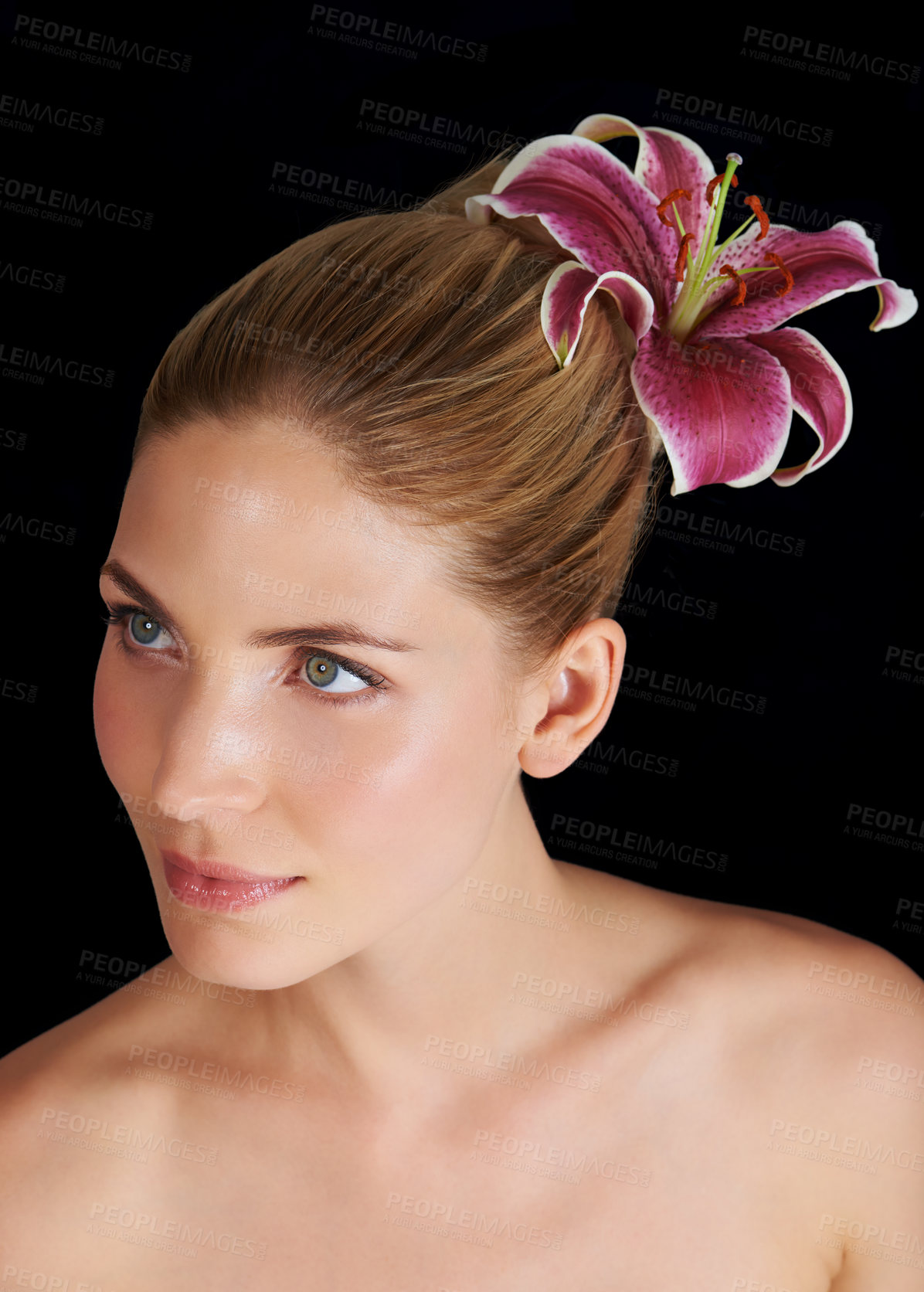 Buy stock photo Hair, flower and beauty of woman, thinking and skincare isolated on a black studio background. Natural, floral makeup and hairstyle of model in cosmetics, salon and lily for organic facial treatment