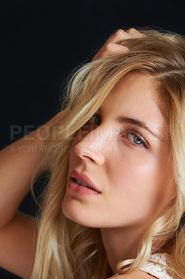 Buy stock photo Beauty, hair and portrait of woman with style, keratin treatment and blonde hairstyle isolated in dark studio. Salon care, healthy growth and face of girl with cosmetic haircare on black background.