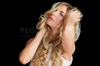 Buy stock photo Beauty, hair and portrait of girl with style, keratin treatment and blonde hairstyle isolated in dark studio mockup. Salon care, healthy glow and face of woman with haircare on black background space