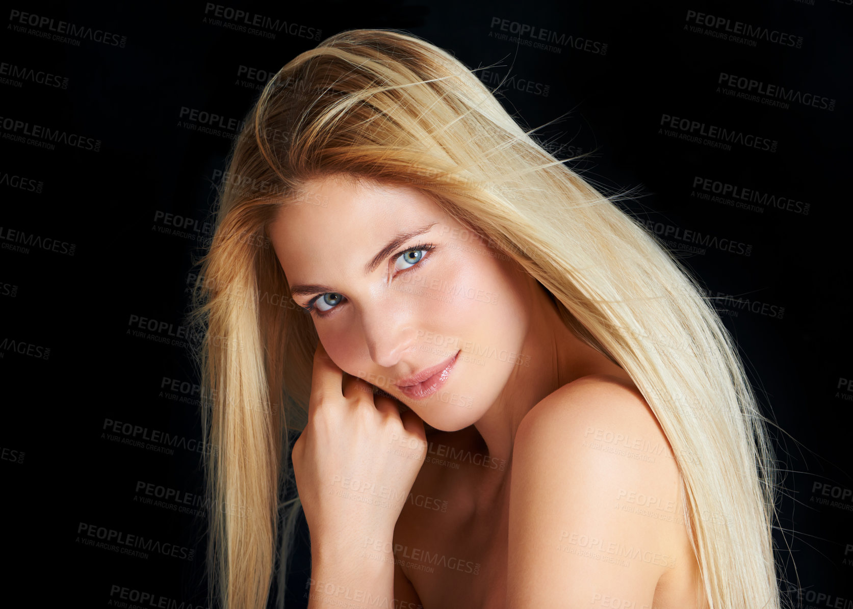Buy stock photo Shine, hair and portrait of woman with confidence, straight hairstyle and salon beauty isolated in dark studio. Styling, keratin treatment and face of girl with healthy haircare on black background.