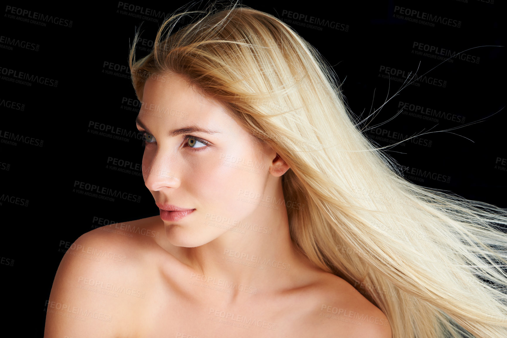 Buy stock photo Hair care, wind and beauty of woman, thinking and skincare isolated on a black studio background. Hairstyle, makeup and breeze of blonde model in cosmetics, hairdresser and salon for facial treatment