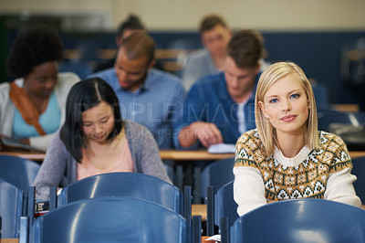 Buy stock photo University, students and portrait in course lecture and learning in classroom for education. College, campus and people studying for test in academy and reading project, research or knowledge