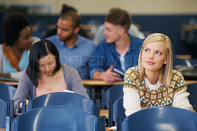 Buy stock photo Student, learning and thinking in lecture, classroom and development in education. College, campus and people studying for test in school and girl remember course research, knowledge or exam info