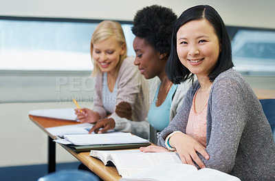 Buy stock photo Student, university and woman in portrait, information and notes for studying or lesson. People, books and knowledge in education for learning, problem solving and ideas for solution in assessment