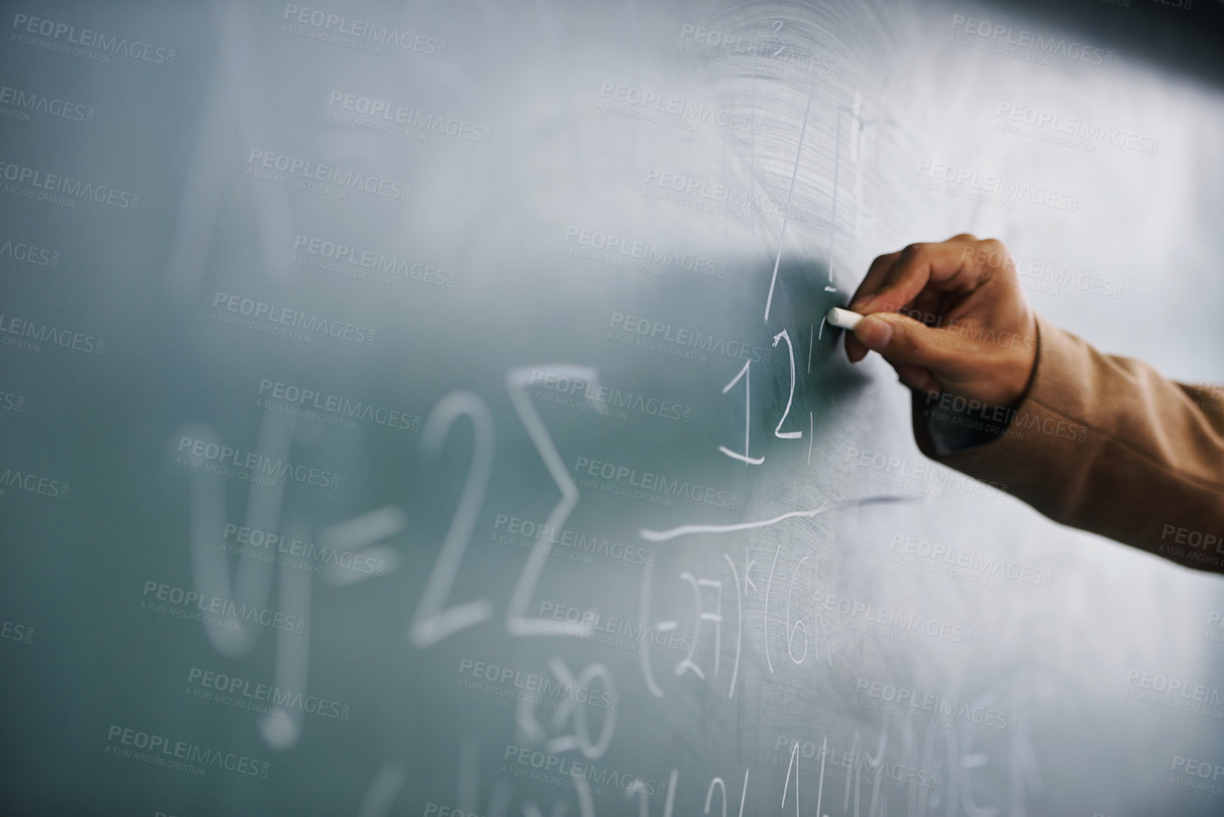Buy stock photo Closeup, hand and writing on a blackboard, formula and teaching with system, process and geek. Zoom, person and teacher with chalk, learning and maths equation with calculation, research or education
