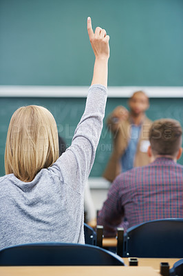 Buy stock photo Student, hand up and question teacher at lecture for learning development or university, scholarship or behind. Person, finger and professor at chalk board in classroom or lesson, knowledge or Canada