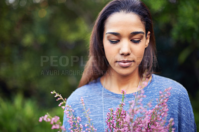 Buy stock photo Woman, flower bouquet and outdoor at park, nature and calm in environment or relax in Spring with gift and blossom. Purple plant, present and botanical with sustainability and romantic gesture 