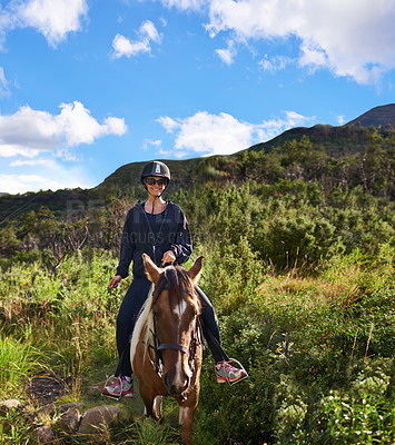 Buy stock photo Riding, horse and portrait of woman on adventure in vacation or holiday journey on path in nature. Training, animal and person travel on trail with pet in countryside, woods and summer with happiness