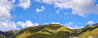 Buy stock photo A picturesque view over green valleys and mountains