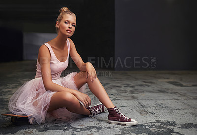 Buy stock photo Edgy, ballet and portrait of woman with skateboard and sneakers for fashion, trendy outfit and hipster style. Parking lot, aesthetic and ballerina on floor for dance hobby, sports and skating skill