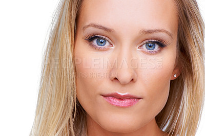 Buy stock photo Portrait, skincare and beauty of woman in makeup isolated on a white studio background. Face, cosmetics and serious blonde model in spa facial treatment, dermatology and healthy skin glow or shine