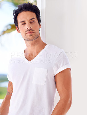 Buy stock photo Man, thinking and serious about fashion outdoor in summer with memory of vacation or holiday. Casual, style and calm person relax in sunshine and remember idea for travel to Miami and Florida