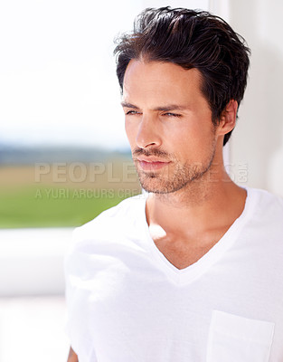 Buy stock photo Serious, thinking and man with fashion outdoor in summer with memory of vacation or holiday. Casual, style and calm person relax in morning sunshine on break and remember idea for trendy outfit