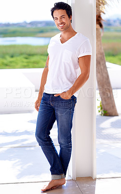 Buy stock photo Outdoor, home and portrait of happy man with fashion relax in morning on holiday or vacation. Casual, style and person in California on break in backyard, patio or garden with guy in jeans and tshirt