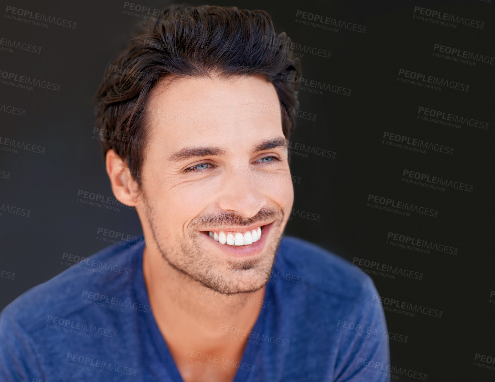 Buy stock photo Face, smile and handsome man or happy male with white teeth or oral hygiene and isolated on a dark, black background. Motivated, cheerful and attractive guy or dental health or beauty in studio