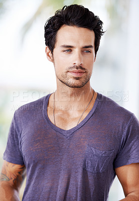 Buy stock photo Serious, thinking and man with fashion outdoor in summer with memory of vacation or holiday. Casual, style and calm person relax in sunshine and remember idea for travel to Miami and Florida