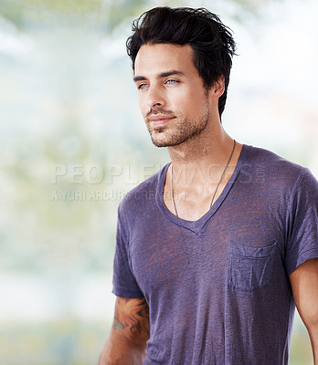 Buy stock photo Young model, confident fashion male and outdoors in blur background. Beard or facial hair, elegant or casual posture and thinking or contemplating person with mockup space in forest or woods