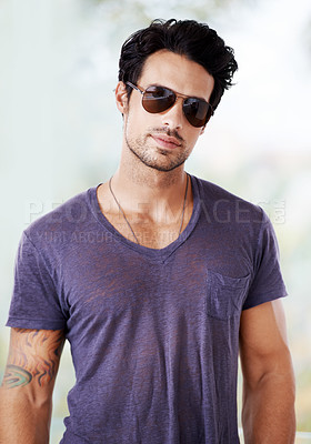 Buy stock photo Fashion, sunglasses and portrait of man outdoor with confidence, cool style and pride. Summer, holiday and person with serious face in casual outfit for vacation in Miami and relax in Florida