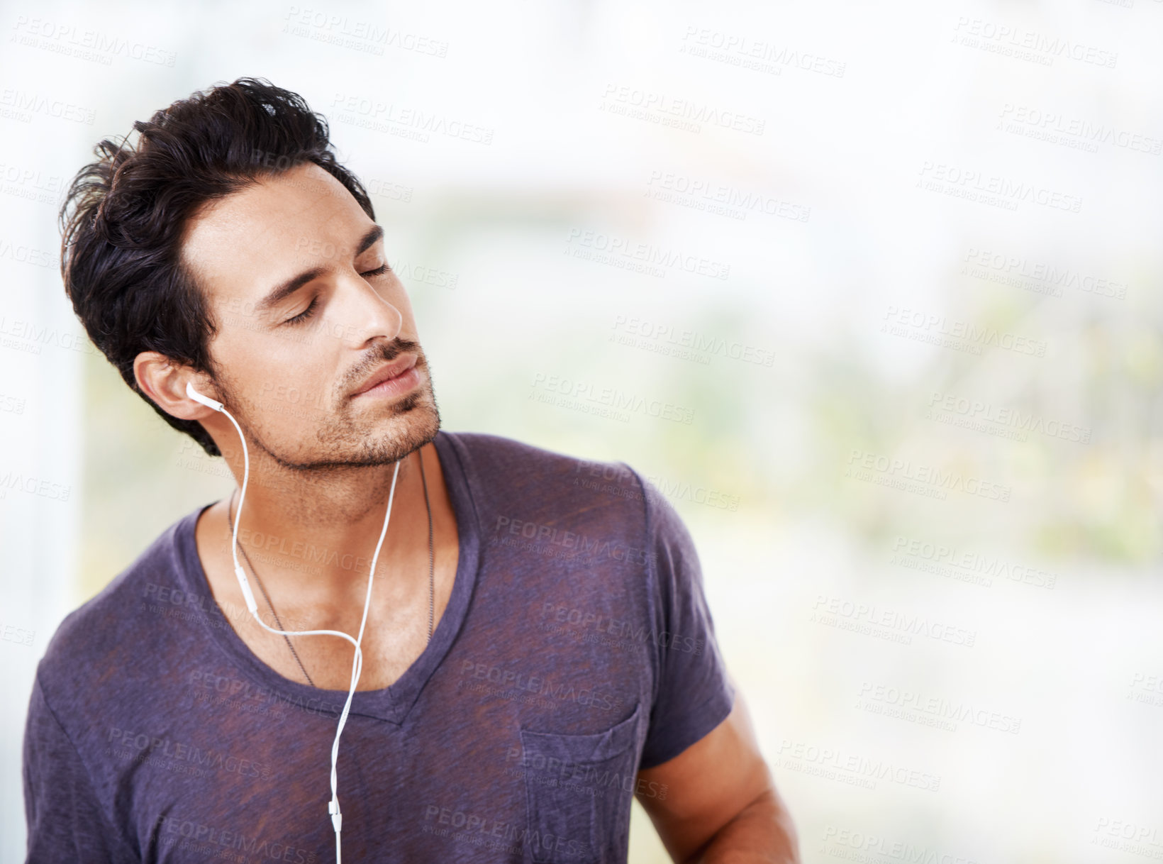 Buy stock photo Man, smile and earphones with eyes closed for music, radio, or streaming online on mockup. Male person, thinking and listening to audio on headphones for ideas, podcast and mental health wellness