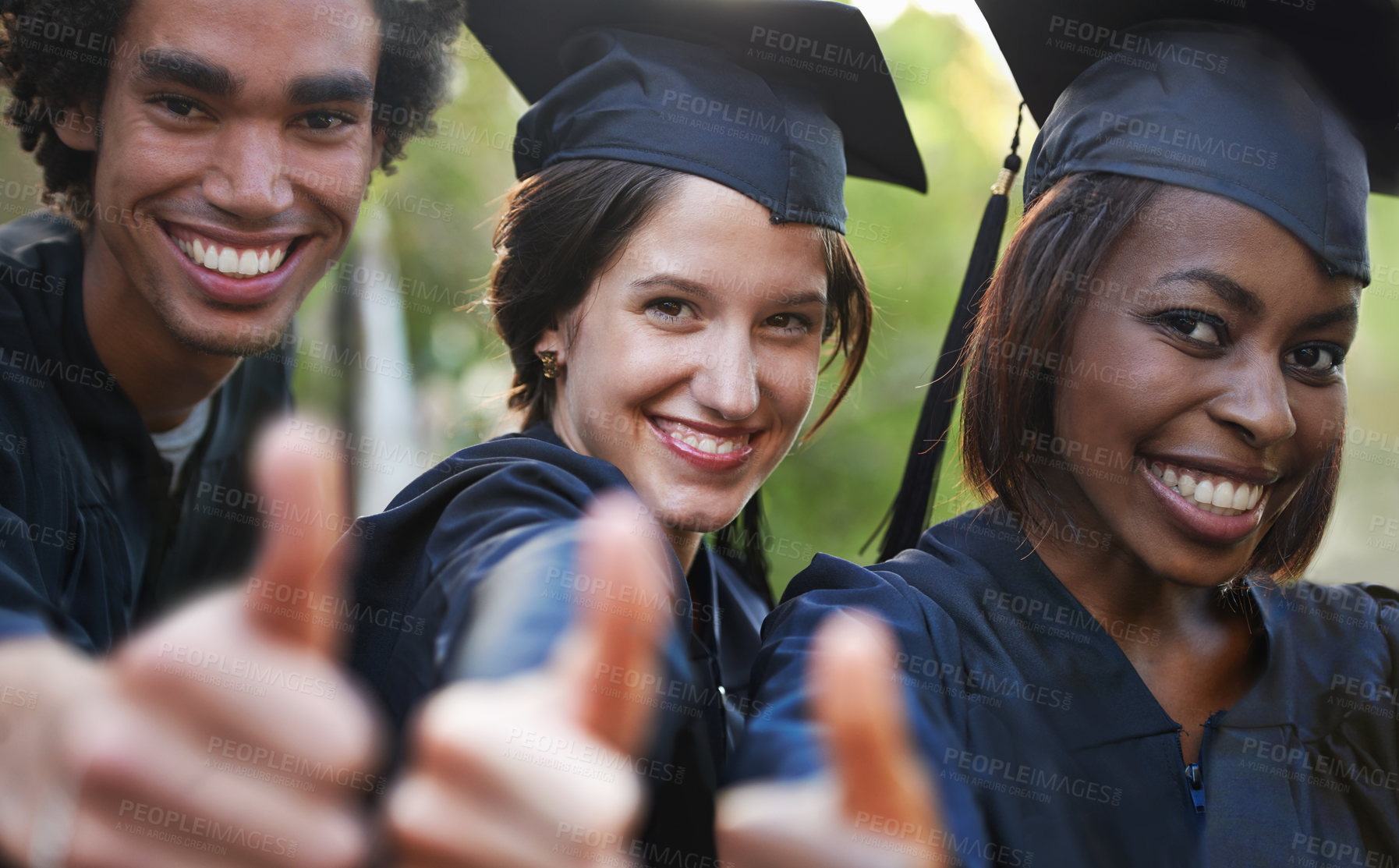 Buy stock photo Friends, student and portrait at graduation, thumbs up and promotion of education or approval. People, smile and pride at outdoor ceremony, agreement and yes to knowledge, thank you and satisfaction