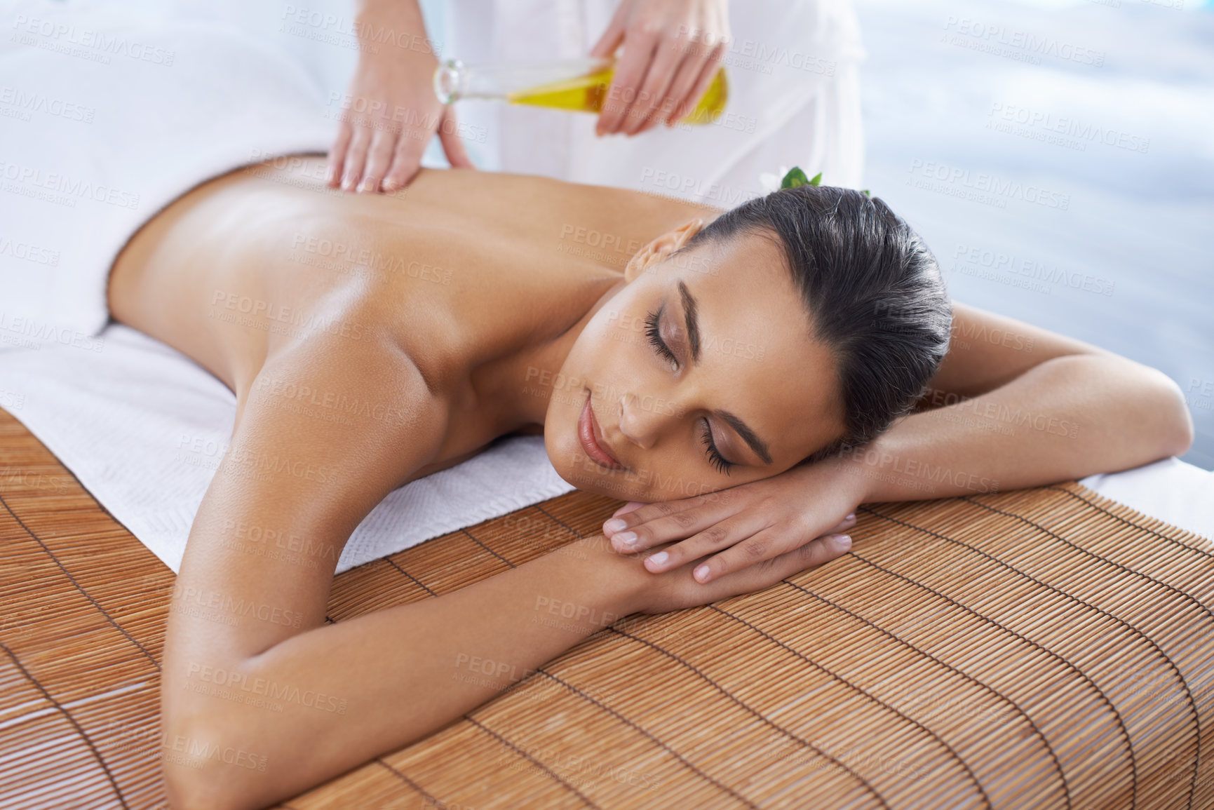 Buy stock photo A young woman relaxing in a beauty spa