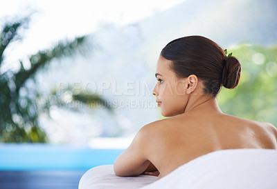 Buy stock photo Relax, peace or woman at spa in nature for beauty, massage or calm at table at luxury resort. Skincare, outdoor or therapy of young person at salon for healthy body, treatment or thinking of wellness