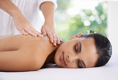 Buy stock photo Relax, hands and massage woman at spa for skincare, peace and calm to rest at luxury resort for beauty. Table, therapist and young person at salon for healthy body, treatment and pamper for wellness