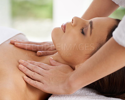 Buy stock photo Woman, relax and body massage in spa for rest, wellness and peace with sleeping of healing hands. Person, comfort and masseuse for health treatment with zen, calm and detox on bed in holiday resort