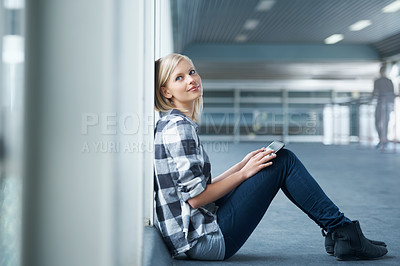 Buy stock photo University, college and woman with tablet in hallway for online learning, studying and knowledge. Education, college and student with digital tech for internet research, notes or knowledge on campus