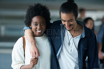 Buy stock photo University, college and portrait of couple in hallway for learning, studying and knowledge. Education, academy and black woman and man hug, embrace and walking on campus for bonding, relax and fun