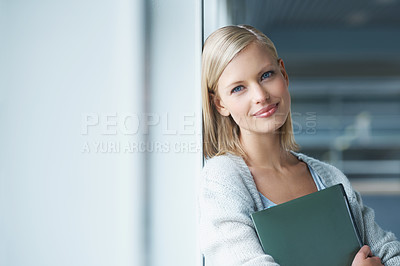 Buy stock photo University, college and portrait of woman with books in hallway for learning, studying and knowledge. Academy, mockup and happy student with textbooks for scholarship, notes or education on campus