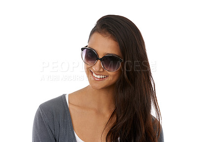 Buy stock photo Closeup, Indian woman and sunglasses with smile in studio, white background and happy for new frame with confidence. Eyewear, shades and vision for eyesight to block sunshine, satisfied with glasses