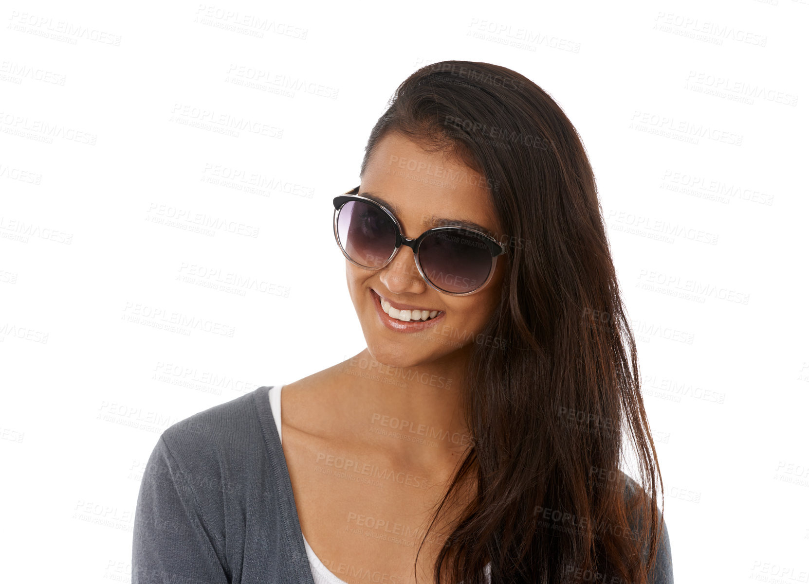 Buy stock photo Closeup, Indian woman and sunglasses with smile in studio, white background and happy for new frame with confidence. Eyewear, shades and vision for eyesight to block sunshine, satisfied with glasses