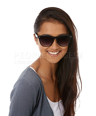 Buy stock photo Portrait, Indian woman and fashion with sunglasses in smile on studio, white background and happy for new frame. Eyewear, shades and vision for eyesight to block sunshine, confidence with glasses