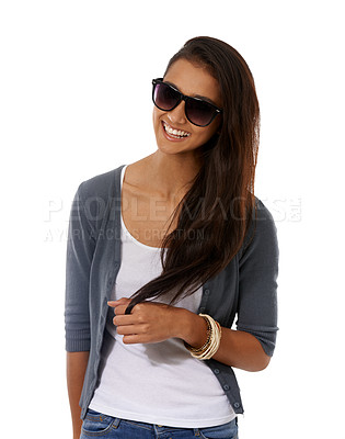 Buy stock photo Studio, portrait and white background of woman with sunglasses, big smile and long hair. Indian model, gen z person and glow with trendy accessories for casual clothing, spring fashion and mock up