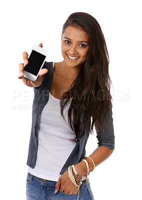 Buy stock photo Phone screen, smile and portrait of woman in studio showing technology for networking. Happy, communication and female person with cellphone for online or internet browsing by white background.