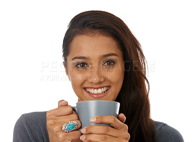 Buy stock photo Woman, drinking tea and relaxing in studio portrait, caffeine and comfortable on white background. Female person, smile and calming tea or hot beverage for peace, inspiration and espresso to enjoy