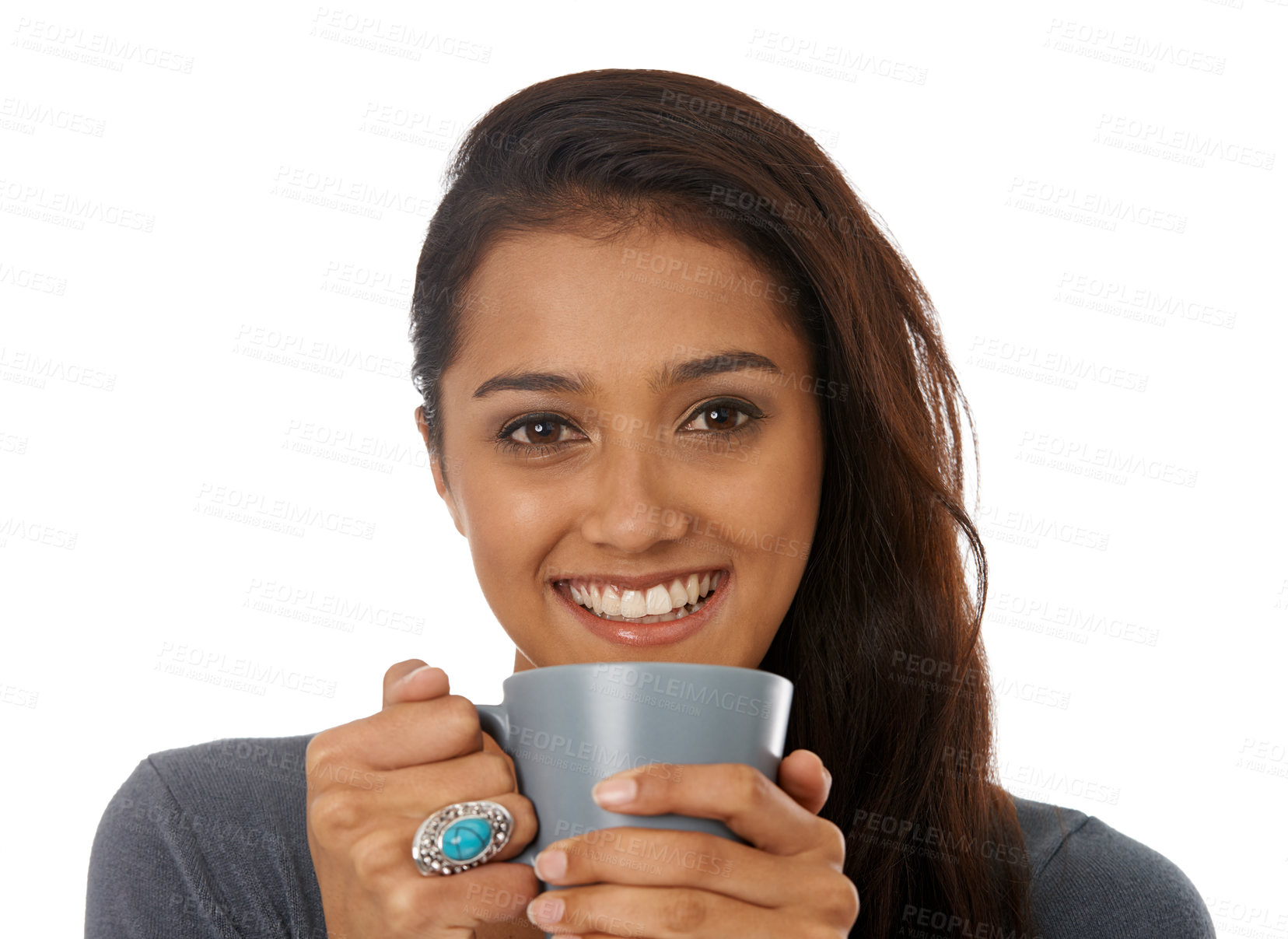 Buy stock photo Woman, drinking tea and relaxing in studio portrait, caffeine and comfortable on white background. Female person, smile and calming tea or hot beverage for peace, inspiration and espresso to enjoy