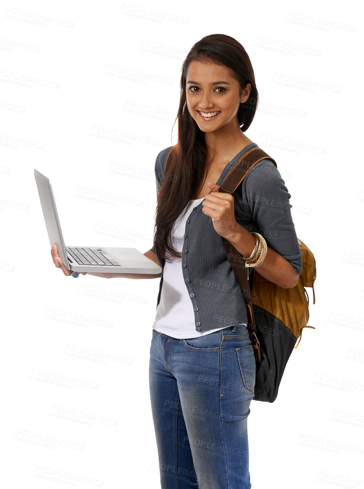 Buy stock photo Woman, student and laptop in studio portrait, backpack and ready for online learning on technology. Indian female person, smile and university website for education, knowledge and white background