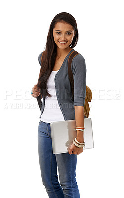 Buy stock photo Portrait, smile and Indian woman with laptop, student and model isolated on a white studio background. Person, college and girl with backpack and computer with happiness and knowledge with education