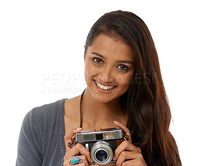 Buy stock photo Camera, portrait and happy woman in studio for creative photoshoot, memory or capture on what background. Lens, career and face of student journalist with equipment for paparazzi, news or reporting