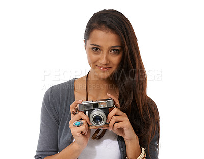 Buy stock photo Woman, photographer and vintage camera in studio, portrait and pride for picture or production. Happy female person, retro equipment and confident on white background, photoshoot and lens for hobby
