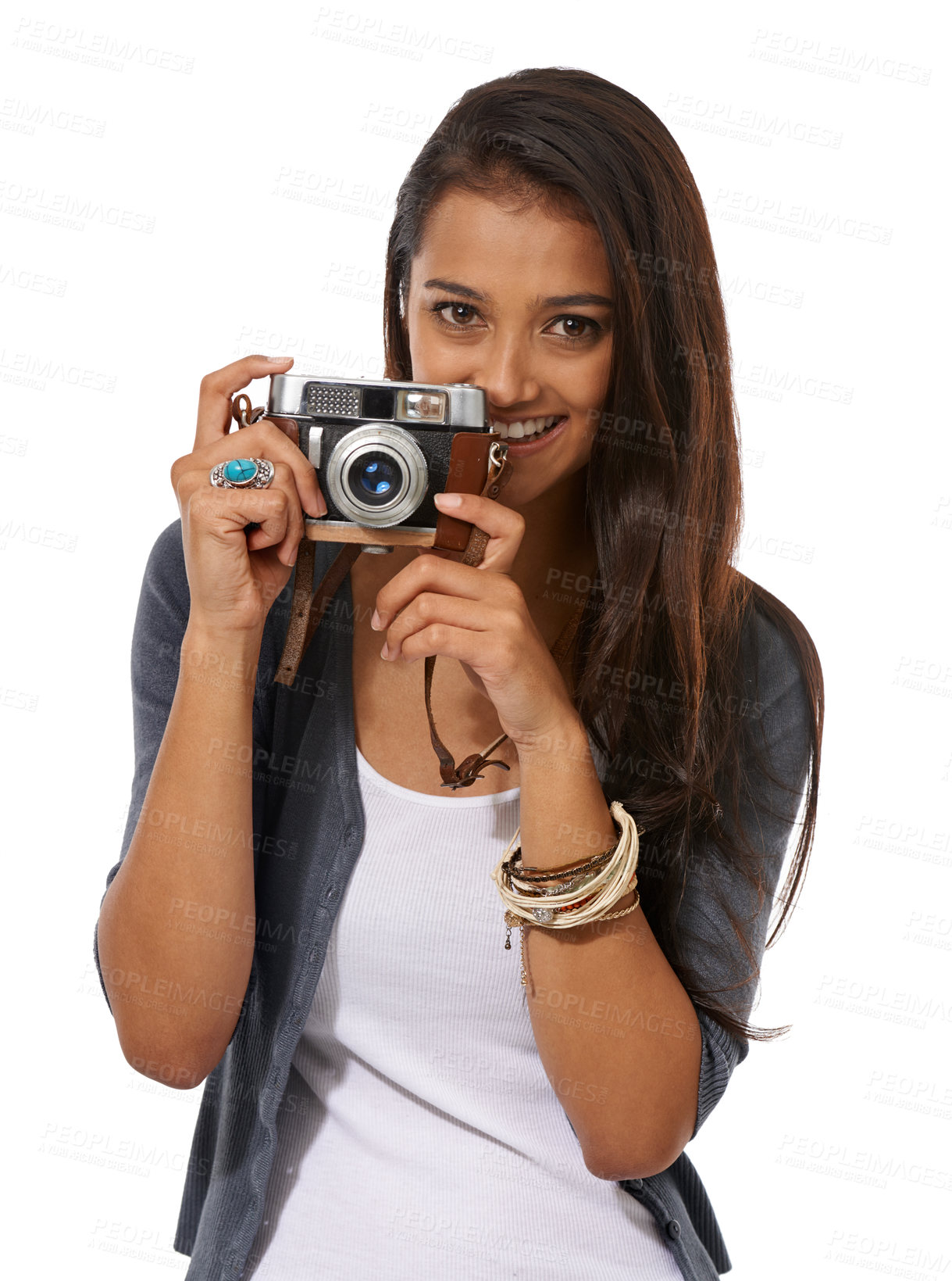 Buy stock photo Portrait, camera and happy woman in studio for creative photoshoot, memory or capture on white background. Lens, career and face of student journalist with equipment for paparazzi, news or reporting