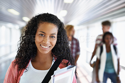 Buy stock photo Woman, student and smile on college campus, portrait and ready for university and education. Female person, scholarship and learning or start school, academy and preparing for studying in hallway