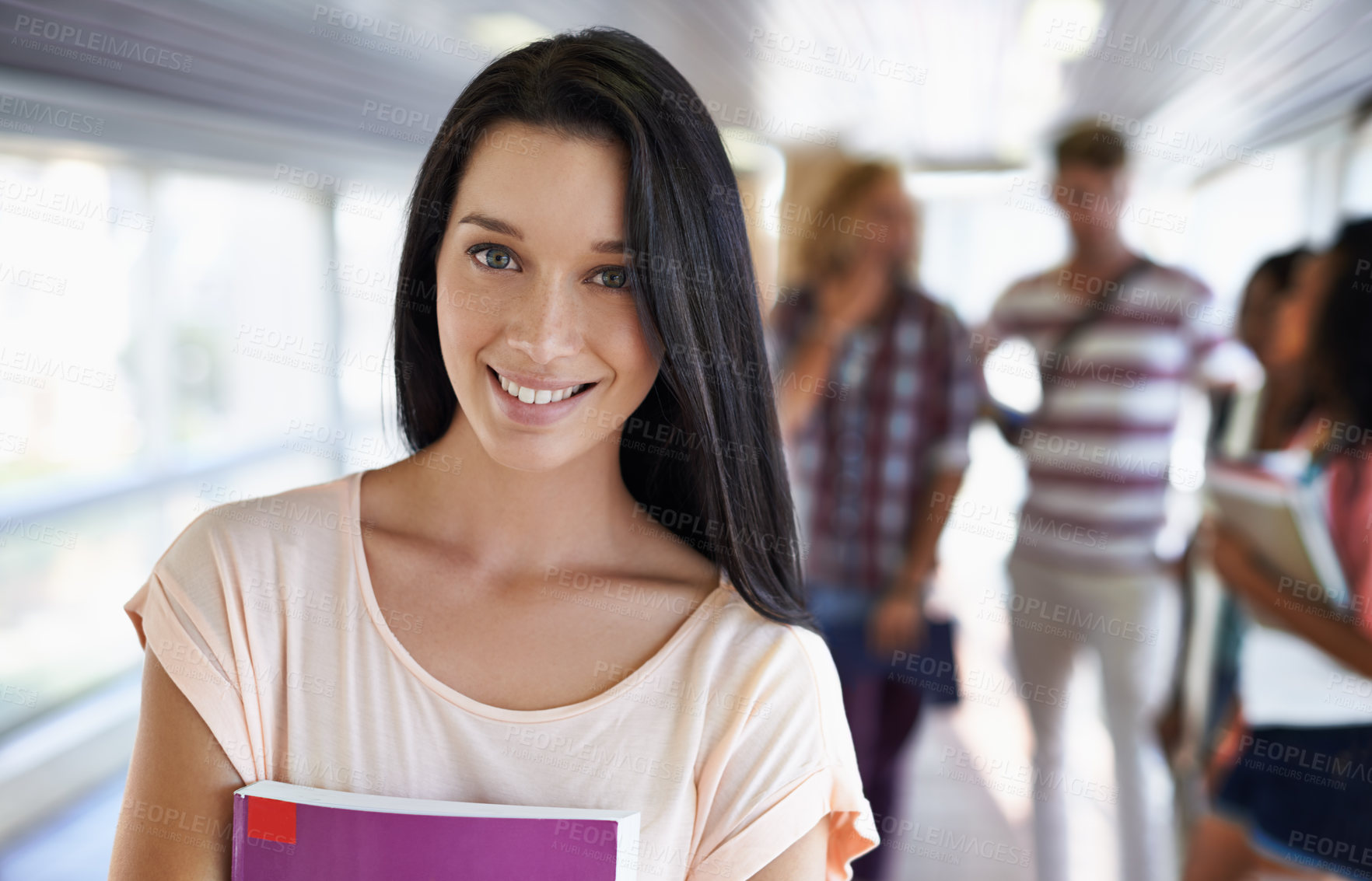 Buy stock photo Portrait of a beautiful young college student standing with her friends