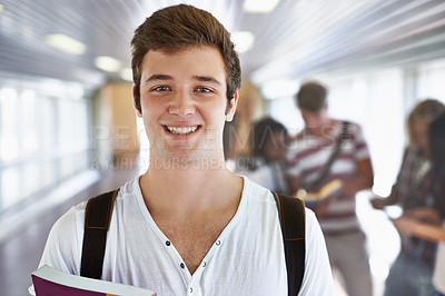 Buy stock photo Shot of young university students on the school campus