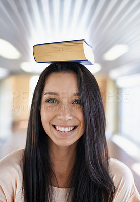 Buy stock photo Student, balance and portrait of woman with books for learning, studying and reading in university. Education, college and happy person with textbooks for knowledge and information in campus library