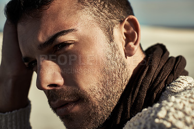 Buy stock photo Fashion, sand or man in the desert thinking of travel in summer to relax on holiday vacation. Outdoor closeup, male person or face of model on adventure with confidence, ideas or cool style in nature